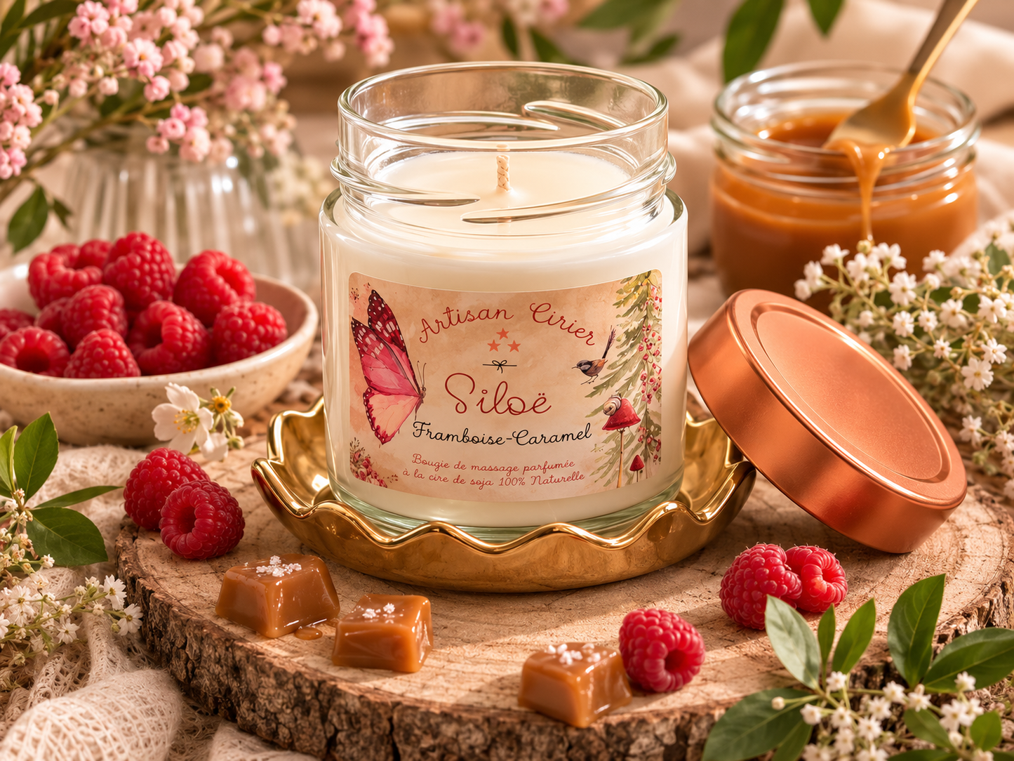 Bougie parfumée Framboise Caramel 190 g - SILOË - Fabrication artisanale