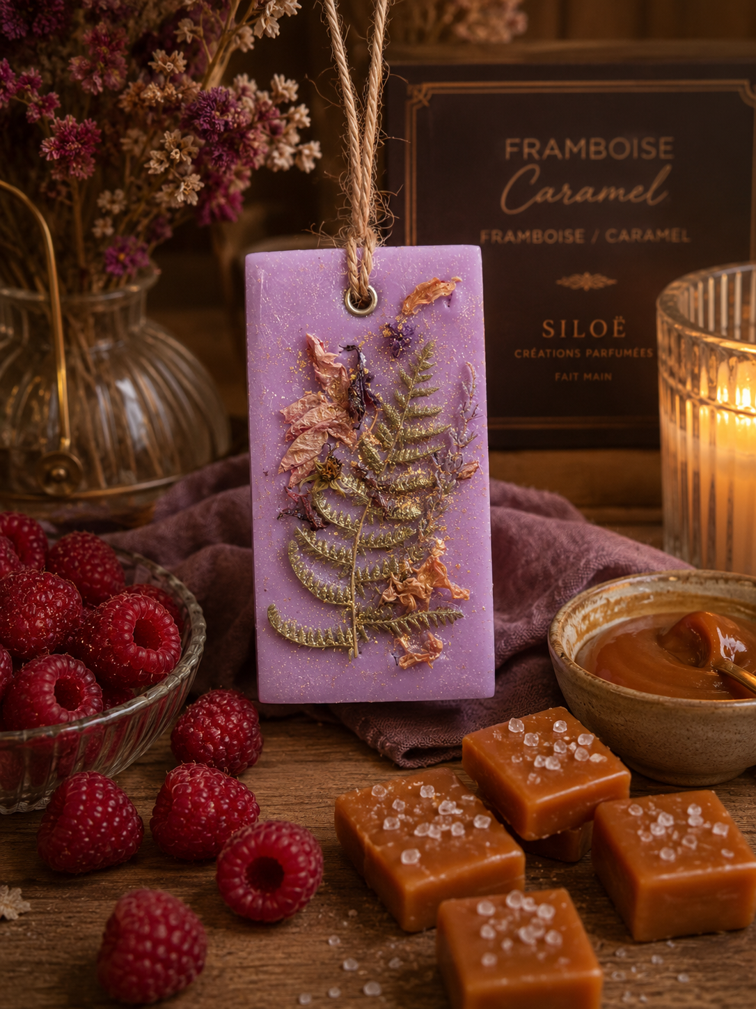 Suspension parfumé Framboise caramel de Merlito - fabrication artisanale SILOË